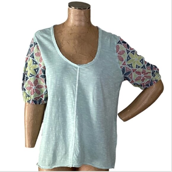 Sundance Embroidered Short Sleeve Top Sz L Sage Green Cotton Slub Knit #228K - Picture 1 of 8